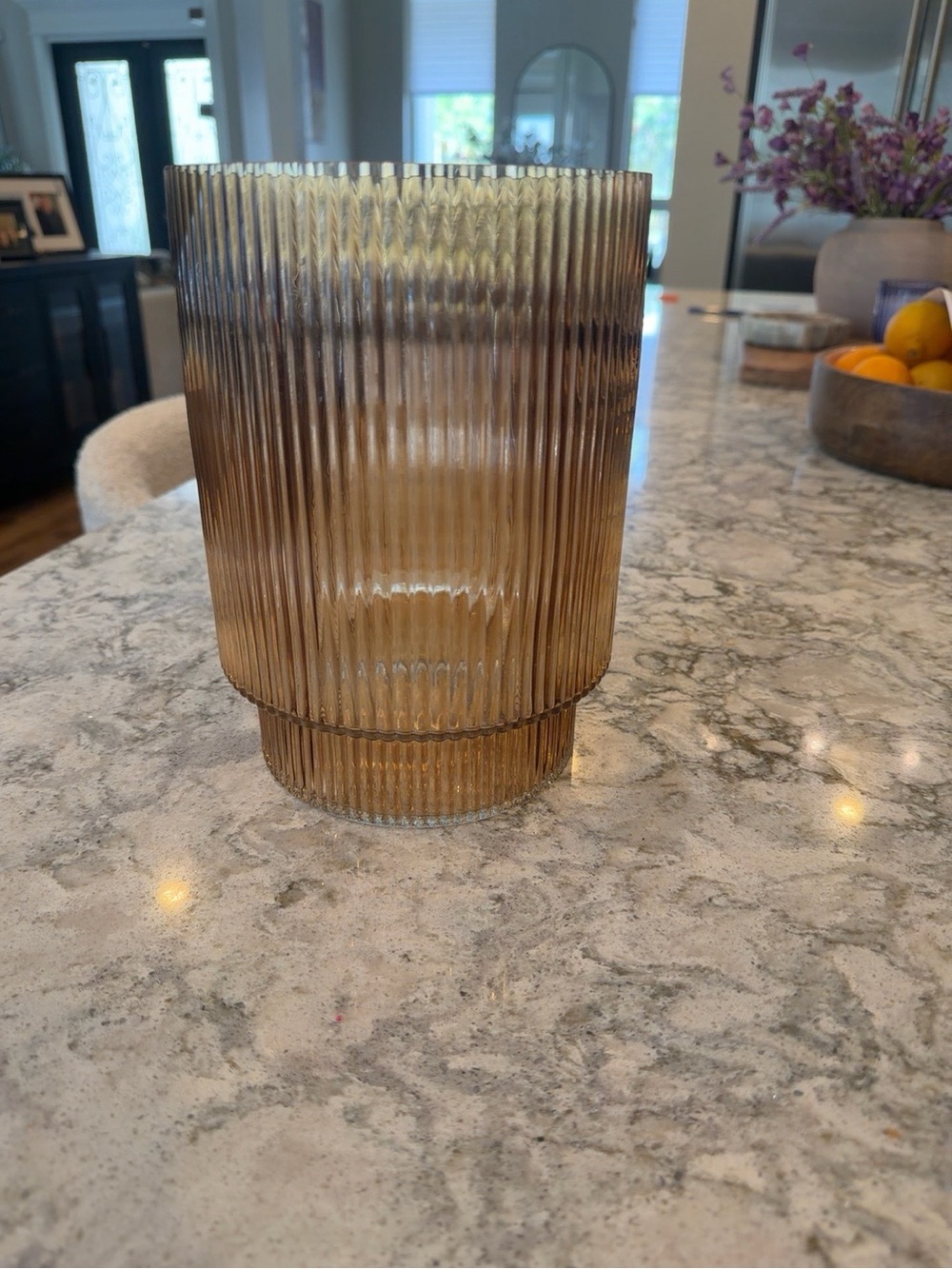 Ribbed Amber Glass Vase - Textured Cylinder Accent